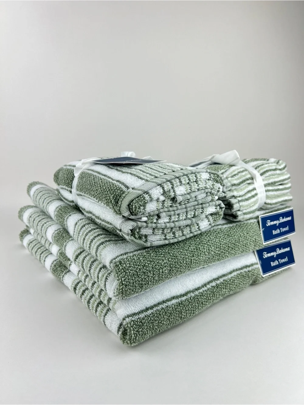 Tommy Bahama Bath Towels Riviera Sage Green White Striped Soft Cotton 8 Pc NEW